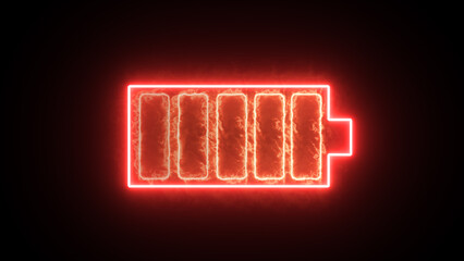 Neon red and red fire glowing battery charging icon. Charger, running from low to full cell phone battery. Glowing neon line Battery icon animated video - obrazy, fototapety, plakaty