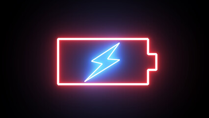 Glowing blue and purple neon line Battery icon. Lightning blinking bolt symbol - obrazy, fototapety, plakaty