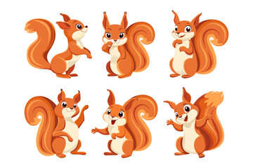 Squirrel. Forest cartoon funny animal. A collection of six drawn emoticons. Use for children's illustrations, greeting cards, holidays, stickers, web design, print