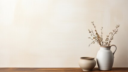 minimalistic background interior wall with pottery decoration on the side AI generated