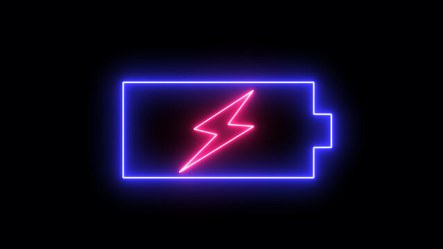 Glowing blue and purple neon line Battery icon animated video. Lightning blinking purple bolt symbol