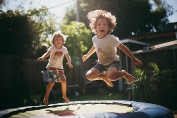 two children laughing and jumping on a backyard trampoline