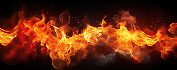 Fire flames on black wide background.