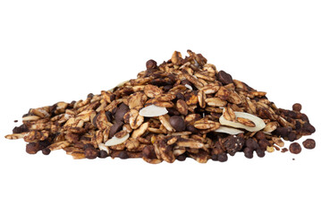 Pile of granola with chocolate drops isolated on transparent background.