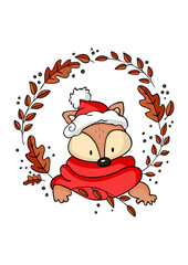 Winter fox peeking out of round frame fall leaves