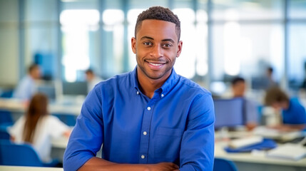 Fototapeta premium Man Looks at the camera and smile. Black businessman in casual blue wear in nice modern office. Concept of success in business. Ai generative.