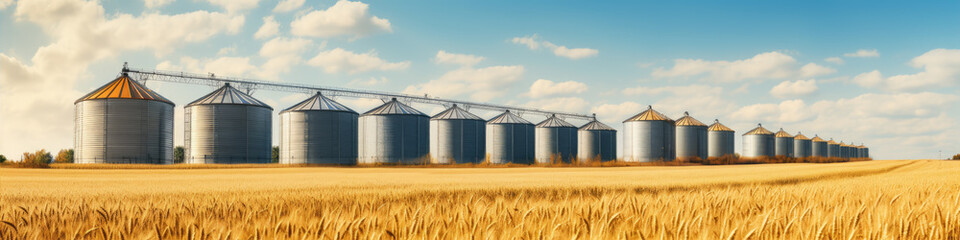 Fototapeta na wymiar Grain silos in farm field. Agricultural silo or container for harvested grains.