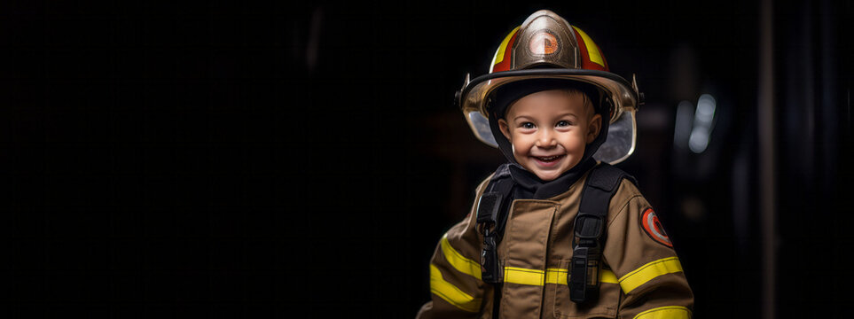 A boy imagines to be a firefighter wears an firefighter suit. Black background copy space. Ai generative