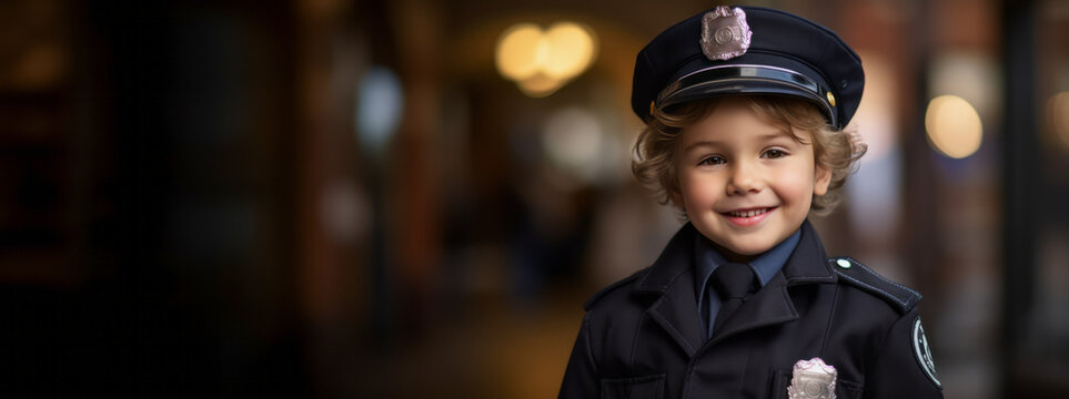 A smiling kid boy in police man uniform costume. Concept of future job. city background copy space. Ai generative