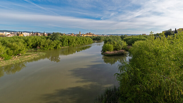Landscape of the Guadalquivir river as it passes through Cordoba, Spain