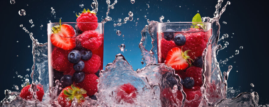 Fresh forest berries in two clear glasses with water splash on blue background.