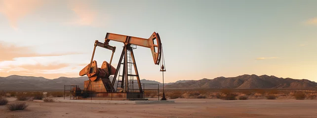 Fotobehang Crude oil. Global crisis. International War on oil prices worldwide. Pump rig, Pumpjack. Oil and gas production, Oilfield site, Drilling derricks, Fossil fuels, Gasoline concept. Ai generative © ImageFlow