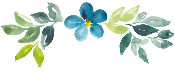 Watercolor botanical border in blue and green. Hand-painted floral divider.  - 679567423