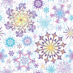 Seamless vector Christmas pattern with colorful gradient snowflakes on a transparent background