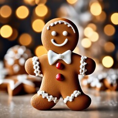 gingerbread man on a background of bokeh lights. Christmas card. tions