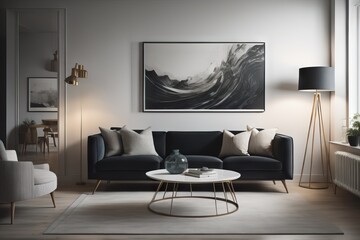  Modern interior of living room with black sofa - obrazy, fototapety, plakaty