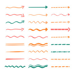Collection of strikethrough multi colored underlines. different doodle colorful dotted and wavy lines. Horizontal hand drawn marker stripes, brush strokes and arrows. - obrazy, fototapety, plakaty