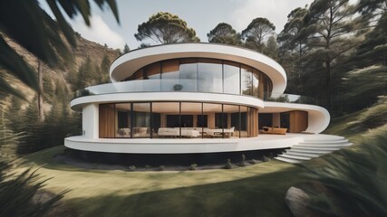  Modern minimalist cottage with smooth round forms. Villa with balcony on the hill - obrazy, fototapety, plakaty