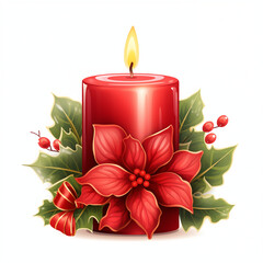 Festive Gold and Red Candles with Holly Leaves on a White Background, Creating a Warm and Cozy Atmosphere for Holiday Celebrations and Seasonal Decorations