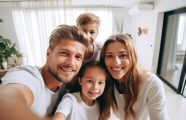 Happy family mother father and kids on sofa, having fun time at home. They take a family photo, a selfie.