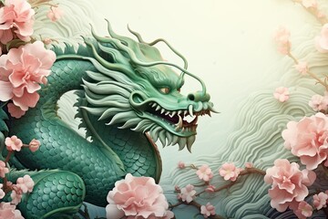 Obraz premium Illustration of a green dragon on a cherry blossom background, in the style of Chinese New Year