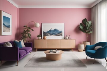  Interior of modern living room with purple sideboard over pink stucco wall
