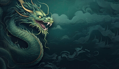 Illustration of a green dragon , in the style of Chinese New Year - obrazy, fototapety, plakaty