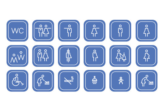 Set of toilet icons white icons on a blue square