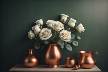  Shelf with bouquet of white roses in copper vase over dark green wall