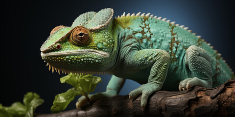 Obraz premium Farbenprächtiges Chamäleon in grünen Musterungen Nahaufnahme für Poster, ai generativ