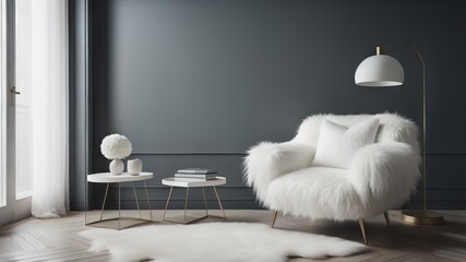 White fur armchair near wall and floor lamp. Interior design of modern living room 