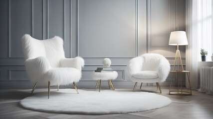 White fur armchair near wall and floor lamp. Interior design of modern living room  - obrazy, fototapety, plakaty