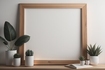 Wooden blank frame on the white wall, interior background 