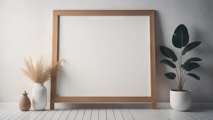 Fototapeta na wymiar Wooden blank frame on the white wall, interior background 