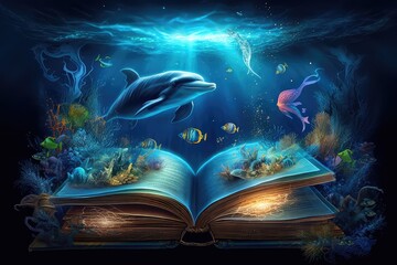 dreamy magical book background with underwater animal