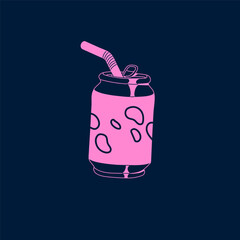 Retro soda, cola can. Carbonated drink in aluminium bottle with straw. Fizzy aerated beverage. Fresh sweet water with bubbles, blobs. Sugar product. Monochrome flat isolated vector illustration