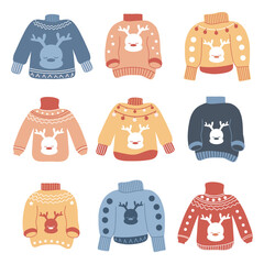 Set of ugly sweaters for Christmas with deer and different ornaments in yellow, red and blue 