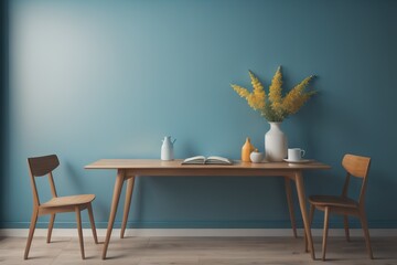 Wooden retro table with colorful flower vase. Interior background of blue wall with copy space