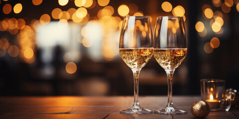 Two glasses of champagne or wine, balls, candle on a background of Christmas bokeh. Celebrating New Year, Christmas, St. Nicholas Day or anniversary. Empty wooden table. Ready for product montage.