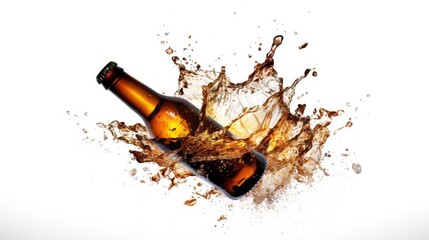 A beer bottle exploding on a white background.


