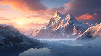 Snowy mountain background with gorgeous sunset scenery