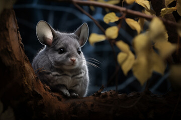Chinchilla sitting on a branch in the moonlight. Generated by ai