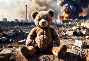 Teddy bear sits on the ground in a ruined city. Generative AI
