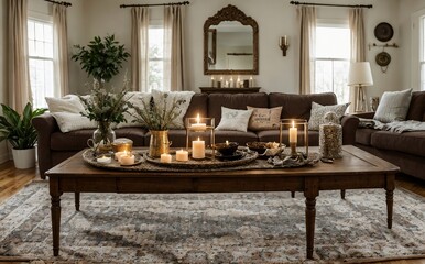 Beautiful cozy living room decorated with candles and tea, beautiful light, warm and relaxing feeling