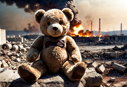 Teddy bear sits on the ground in a ruined city. Generative AI