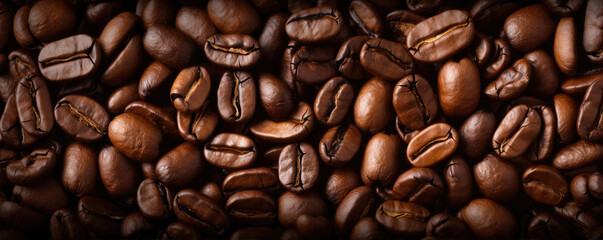 Fototapeta premium Coffee beans top view. panorama photo.