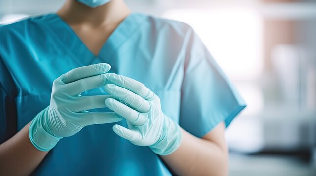 Midsection of female nurse wearing protective gloves in hospital.

