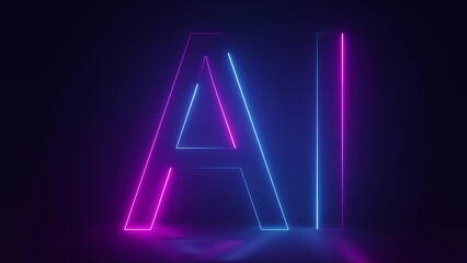 Glowing 3d neon AI text sign animation on dark background, future sci-fi video material