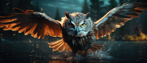 A majestic owl takes flight in the moonlit night, its wings outstretched as it glides over a calm body of water, creating ripples beneath the luminous orb.