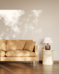 3d interior with Mockup frame soft and warm room with sofa and soft shadows from outdoor trees.